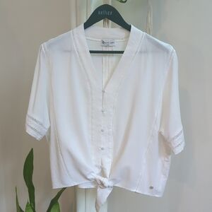 Point Zero / White Tie-Front V-Neck Blouse / XL
